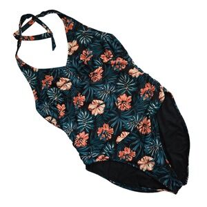 Lole Women's One Piece Swimsuit Halter Teal Black Tropical Floral Ruched Size 14